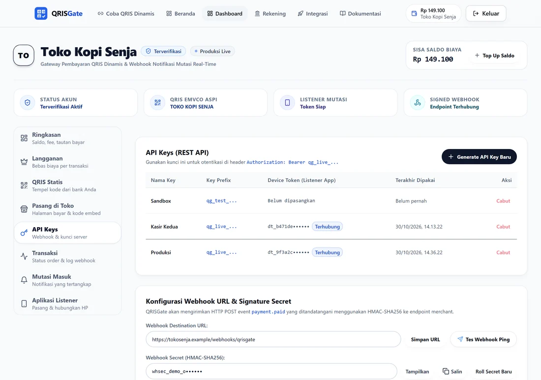 Halaman API keys QRISGate menampilkan key prefix, device token listener, dan konfigurasi webhook secret